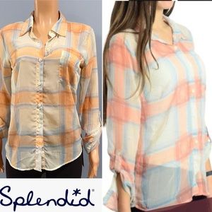 Splendid Beachy Plaid Sheer Chiffon Blouse Medium $98